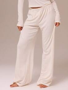 MUSERA ESSENTIALS Wide Leg Elasticated Waist Pointelle Trousers Coord Bottoms Only Spring Winter Cosy Cute Daily Girly Lounge Essential - Cream - View 2