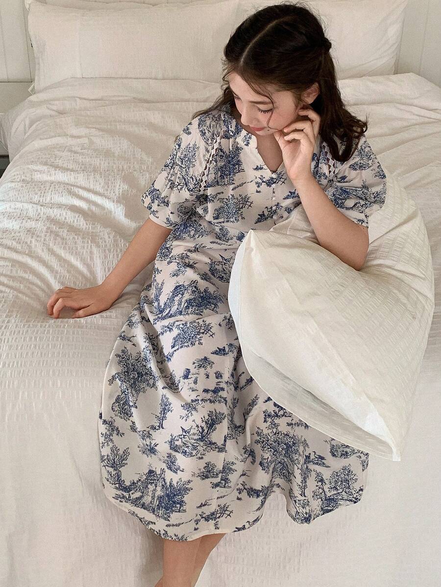 DAZY Tween Girls' Allover Print Notched Neck Puff Sleeve Loose Nightgown, Summer