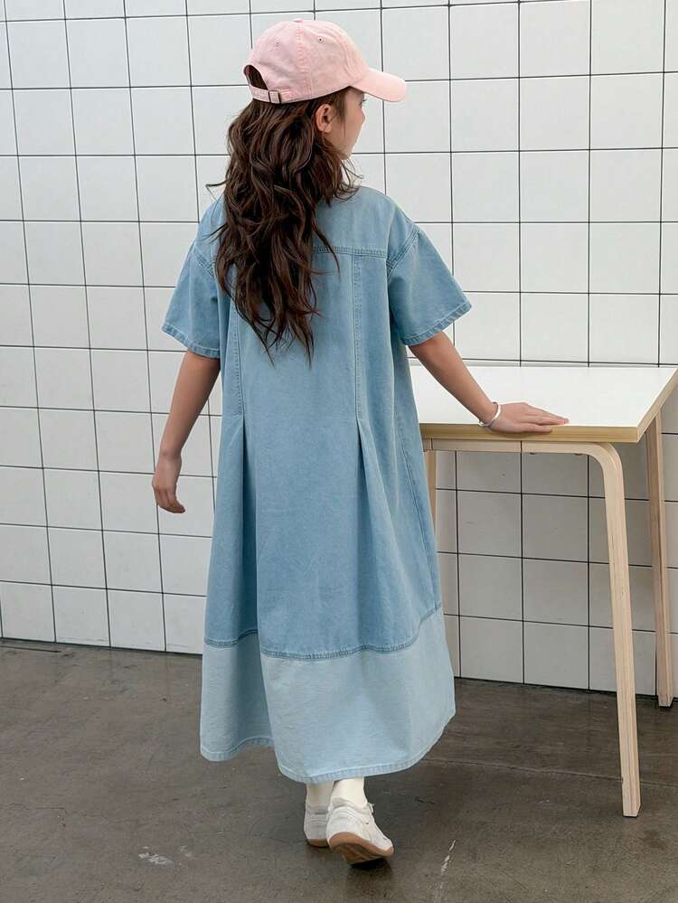 Tween Girls Denim Dress With Collar, Short Sleeve