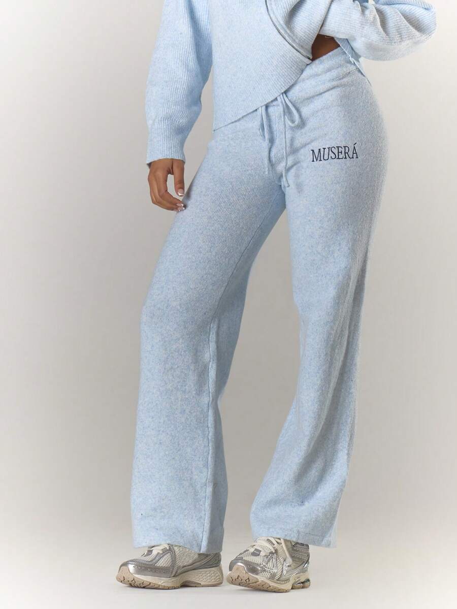MUSERA Pantalones anchos de punto acanalado con detalles bordados, cómodos, lindos, casuales, para club de café, invierno, elegantes, para fiesta de noche - Celeste - Ver 1