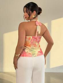 Firerie Camiseta sin mangas con cuello halter, estampado floral y parches, con volantes, para mujer de talla grande - Multicolor - Ver 5