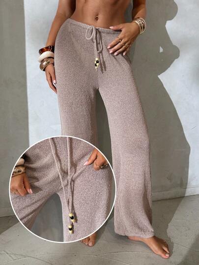 Aloruh Women's New Solid Khaki Color Pants, Women's Coverup, Women's Beach Pants, Crochet Long Pants With Wooden Bead Decor, Wide Leg Low Waist Trousers Women's Beach Cover-Up Cover Up For Women Bathing Suit Cover Up Beach Cover Ups For Women Elegant Women's Beach Cover Up Swim Coverup Women Swimsuit Cover Up Women's Cover Up Beach Outfits For Women Beach Outfit For Women Beach Wear Women Women's Beachwear Women Beachwear