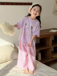 DAZY 2pcs/Set Girls (Small) Crew Neck Knit Printed Long Sleeve T-Shirt And Plaid Long Pants Loungewear Set, Fall - Purple - View 3