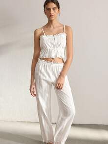 Ocili Women's Contrast Lace Tie-Waist Camisole And Pants Pajama Set - White - View 5