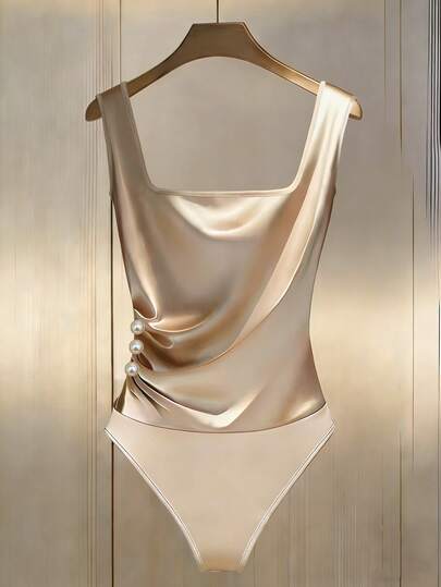 GlowEve New Elegant & Sexy French Style Knitted Satin Camisole Top, High-End Design Square Neck Sleeveless Fitted Slim Ruched Pearl Button Decor Splicing Hem, Versatile Bodysuit For Women