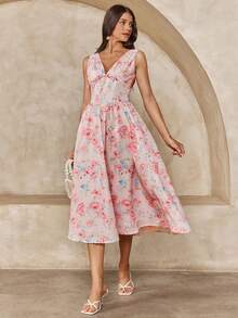 Enchnt Spring/Summer Romantic Women's Pink Floral Print V-Neck Sleeveless Princess Long Dress,Sweet&Elegant For Vacation&Date&Holiday&Going Out,Spring Outfit Women - Pink - View 5
