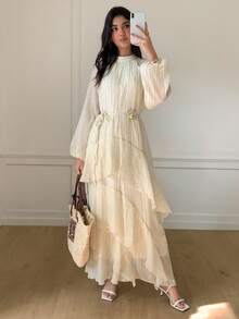 Solavon 新款褶皱多层荷叶边腰带飘逸沙滩裙 - 杏色 - 查看 6