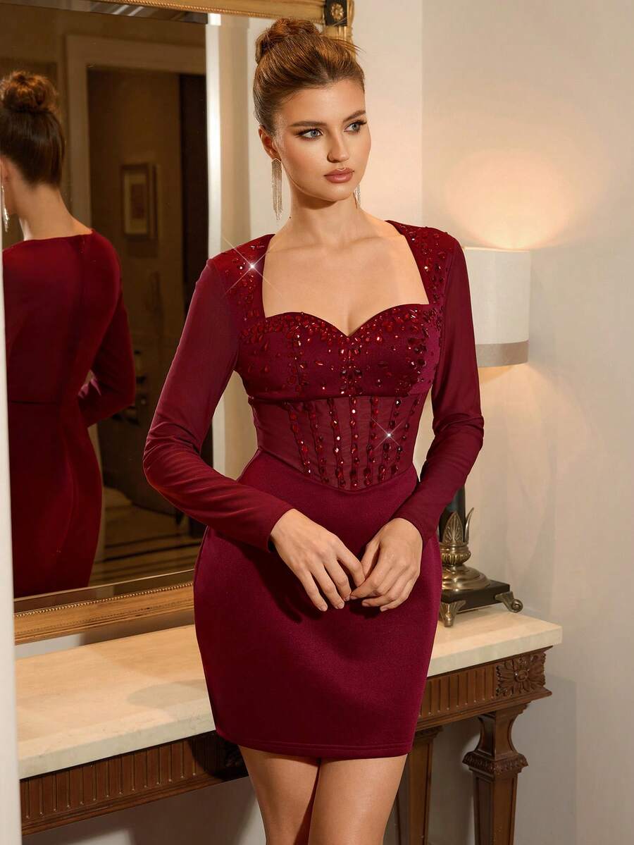 Poshira Women's V-Neck Rhinestone Embellished Mesh Long Sleeve Cocktail Party Dress - Burgundy - View 1