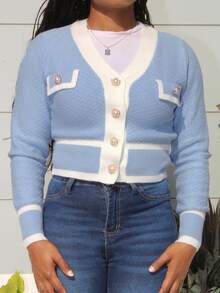 Steph T Autumn/Winter Casual Business Color Block Trim Cardigan,Long Sleeve Tops - Blue - View 6