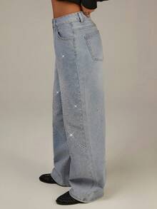 Athîral 女士休闲水洗水钻直筒牛仔裤 - 淺藍色 - 查看 5