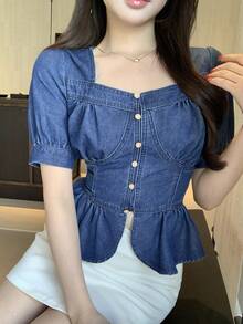 DAZY Women's Sweetheart Collar Short Puff Sleeve Button Design Ruffle Hem Denim Blouse - Blue - View 6