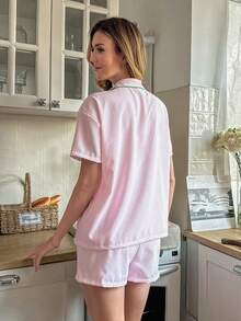 SHEIN Conjunto de Pijama Feminino Casual Solto em Listras Verde e Rosa - Rosa Bebê - Visão 2
