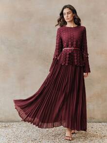 Anewsta Women's Elegant Water-Soluble Lace Circular Pleated Flared Dress - Burgundy - View 7