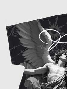 ROMWE MEN Street Life Men's Round Neck Angel Letter Print Casual Versatile Daily Short Sleeve T-Shirt - Black - View 7