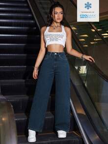 Jeanoix Quần jeans ống rộng nữ có túi và cúc, kiểu dáng thường ngày, đa năng. - Màu xanh lam - Xem 3