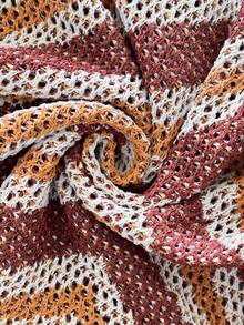 Florisole 咖啡棕色和橙色镂空撞色条纹时尚简约优雅休闲度假春夏喇叭袖女式短款长袖套头针织衫 - 咖啡棕 - 查看 6