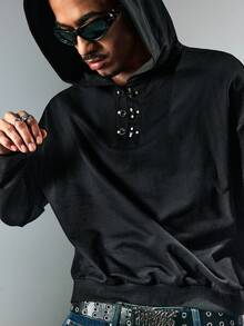 ROMWE MEN Street Life Sudadera casual de hombre con hebilla de avión de unicolor - Negro - Ver 1