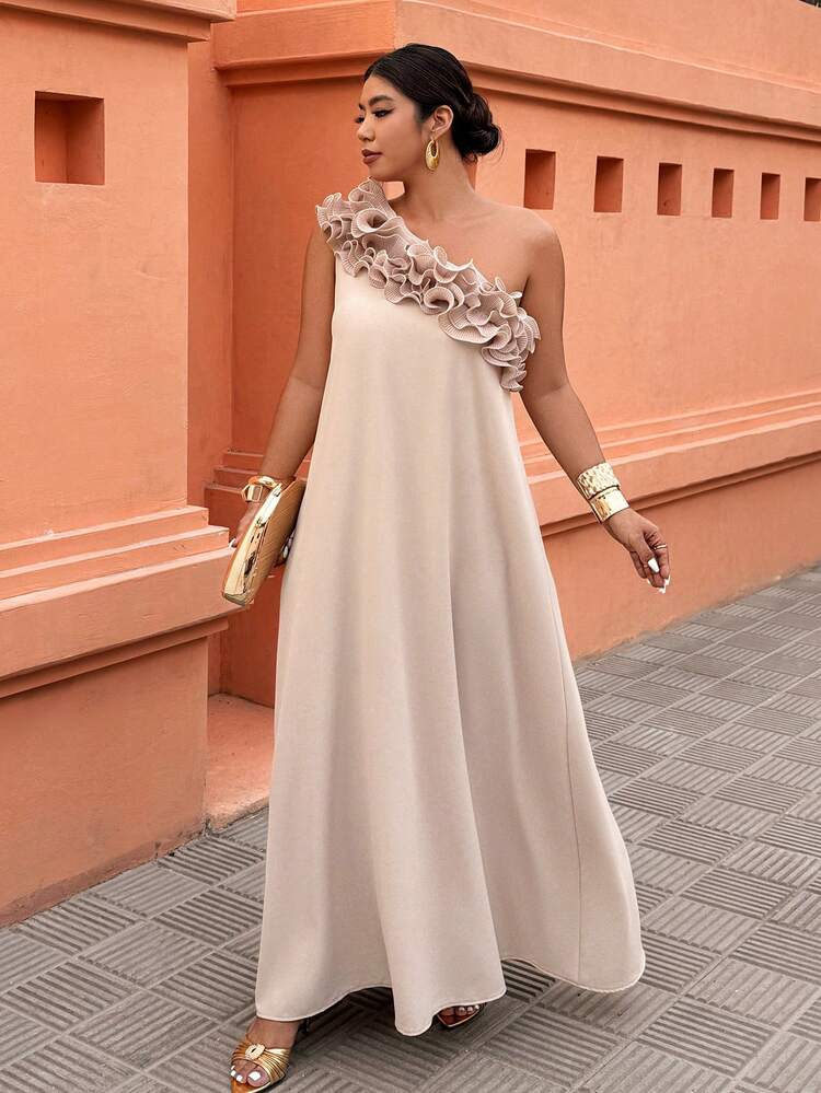 Selianne Vestido de vacaciones de línea A con hombro asimétrico casual para mujer de talla grande, primavera/verano - Albaricoque - Añade 6