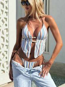 Bonvoyette-D 夏季条纹随机印花吊带露背系带挂脖性感可爱女孩沙滩比基尼套装，女士坦克泳装 - 彩色 - 查看 3