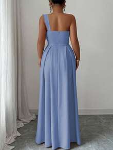 Elenzga 大码女士不对称肩部优雅浪漫派对连衣裙，配有加大码蝴蝶结腰带A字裙摆，适合派对、婚礼宾客、伴娘、秋冬季穿着。 - 霧霾藍 - 查看 2