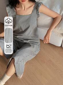 DAZY 可爱格子荷叶边女士连体裤家居服 - 黑色 - 查看 6