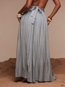 Musera Resort Crinkle Linen Elasticated Waist Wide Leg Trousers Only Cover Up Swim Vacation Holiday Summer Travel Beachwear Bathing Suit Terra Sol - Dusty Blue - View 4