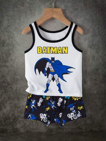 BATMAN X SHEIN 男童舒适卡通图案背心短裤套装，夏季