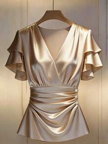 GlowEve New Shirred Double-Layer Ruffle Sleeve Woven Shiny Color Pleated Back Design Elegant Young Commuter Versatile Daily Women Shirt - Khaki - View 1