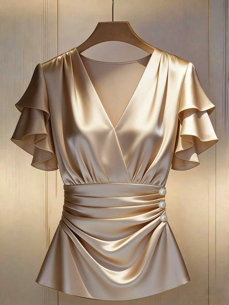 GlowEve New Shirred Double-Layer Ruffle Sleeve Woven Shiny Color Pleated Back Design Elegant Young Commuter Versatile Daily Women Shirt - Khaki - View 1