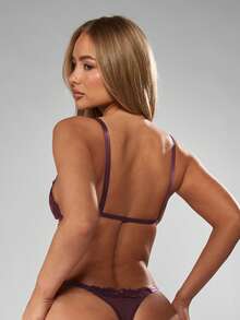 MISSGUIDED Lace Trim Triangle Bra And Thong Set With Deep V Plunge Cup And Scalloped Edges For Intimate Occasions - Burgundy - View 2
