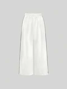 INAWLY Women's Summer Black And White Checkered Streetwear Date Wide Leg Pants,Elastic Waist Contrast Rib Trim Lantern Pants With Drawstring Hem,Pocket - White - View 4
