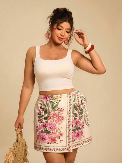 Travachic Plus Size Women's Floral Print Asymmetrical Hem Knotted Waist Skirt, Suitable For Vacation,Summer,Summer,Holiday,Skirts For Women, Afternoon Tea, Wedding Season, Beach Cruise Vacation, City Road Trip Vacation, Boho Vacation, Music Festival, Beachwear, Easter, Beach For Woman, Elegant Skirt For Women, Vacation, Concert Women, Tropical Vacation, Holiday, Bohemian,For Spring Summer
