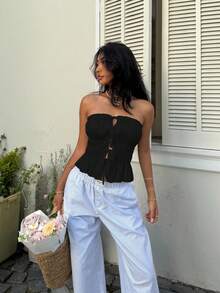 Sunnyshic Top tubo plisado con volantes y cordones para mujer - Negro - Ver 5