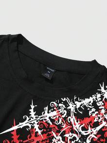ROMWE MEN Goth Men's Batwing Sleeve Printed Short Sleeve T-Shirt, Suitable For Everyday Wear In Spring/Summer - Black - View 5
