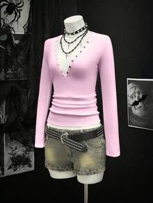 SHEIN Unity 女士性感深V领罗纹T恤，黑色，秋冬款 - 粉色 - 查看 4