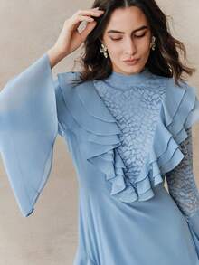 Anewsta Đầm dài tay cổ đứng màu xanh chiffon thanh lịch mới dành cho nữ mùa xuân/hè, phối ren tương phản. - Màu xanh lam - Xem 2