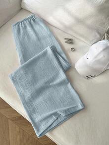 Flirla Women's Casual Blue Knitted Straight Leg Pants With Drawstring Extra Long For Everyday Wear - Blue - View 2