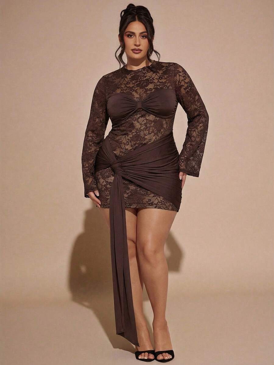 SHEIN BAE Đầm ôm sát màu đen phối ren dành cho nữ cỡ lớn - Cà phê nâu - Xem 1