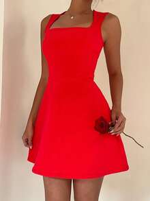 Aloruh Vestido de mezclilla de diseño sin espalda y sin mangas de unicolor de moda para mujer - Rojo - Ver 3