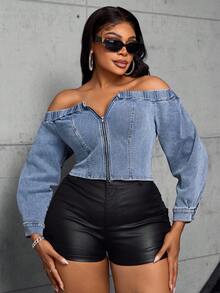 Jeanoix Plus Size Casual Everyday Washed Zip Off Shoulder Denim Top - Light Wash - View 3