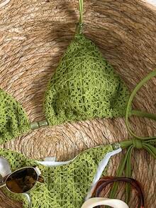 Swim Vcay 2pcs Textured Fabric Beaded Decor Triangle Bra & Tie Side Bikini Swimsuit Set, Sexy Women Summer Holiday Beach Accessories Beach Set For Women Knit Sets Green Vacation Outfit Olive Green Bikini - Olive Green - View 4