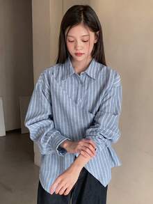 DAZY Teen Girl Striped Lapel Asymmetrical Hem Casual Versatile Daily Wear Long Sleeve Shirt - Blue - View 6