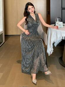 DAZY 女士无袖V领亮片装饰中长连衣裙 - 銀色 - 查看 6