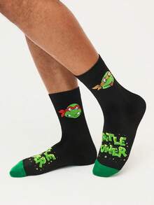 TEENAGE MUTANT NINJA TURTLES | SHEIN 2双装柔软透气吸湿休闲条纹中筒袜，时尚可爱卡通黑白学院风船袜，加固袜头和袜跟，经久耐穿，男女通用，四季皆宜，夏季冬季百搭图案袜 - 彩色 - 查看 9