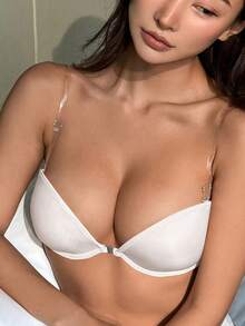 DAZY Front-Opening Wire-Free Lightly Lift Backless Clear Strap Ladies Bra Lingerie For Women - White - View 2