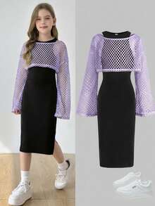 SHEIN Bộ 2 món gồm váy dài cổ tròn màu trơn dáng ôm dành cho bé gái tuổi teen, kiểu dáng thường ngày, kèm áo khoác lưới rộng, thích hợp đi học, phong cách ngọt ngào và cá tính, dạo phố. - Màu tím hoa cà - Xem 16