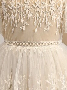 Tween Girl Floral Embroidered Mesh Ruffle Sleeve Dress - Apricot - View 4