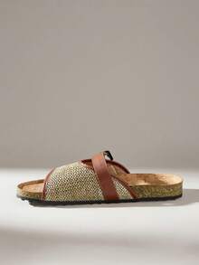 Solecia Sandal đế bằng hở mũi dệt họa tiết dành cho nữ, quai cài trang trí, thiết kế hở gót, kiểu dáng tối giản thoải mái cho kỳ nghỉ, màu nâu, đa năng cho đi làm và mặc thường ngày. - màu nâu - Xem 6