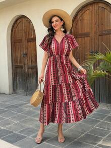 Livesso Women's V-Neck Floral Pattern Waist Cinched A-Line Midi Dress With Flare Sleeves - Multicolor - View 5