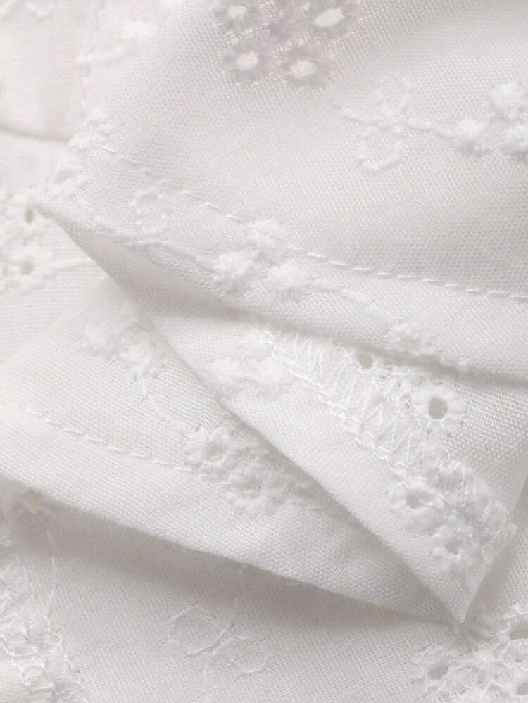 Women's Embroidered Button Decor Ruffle Hem Cap Sleeve Top Babydoll Top